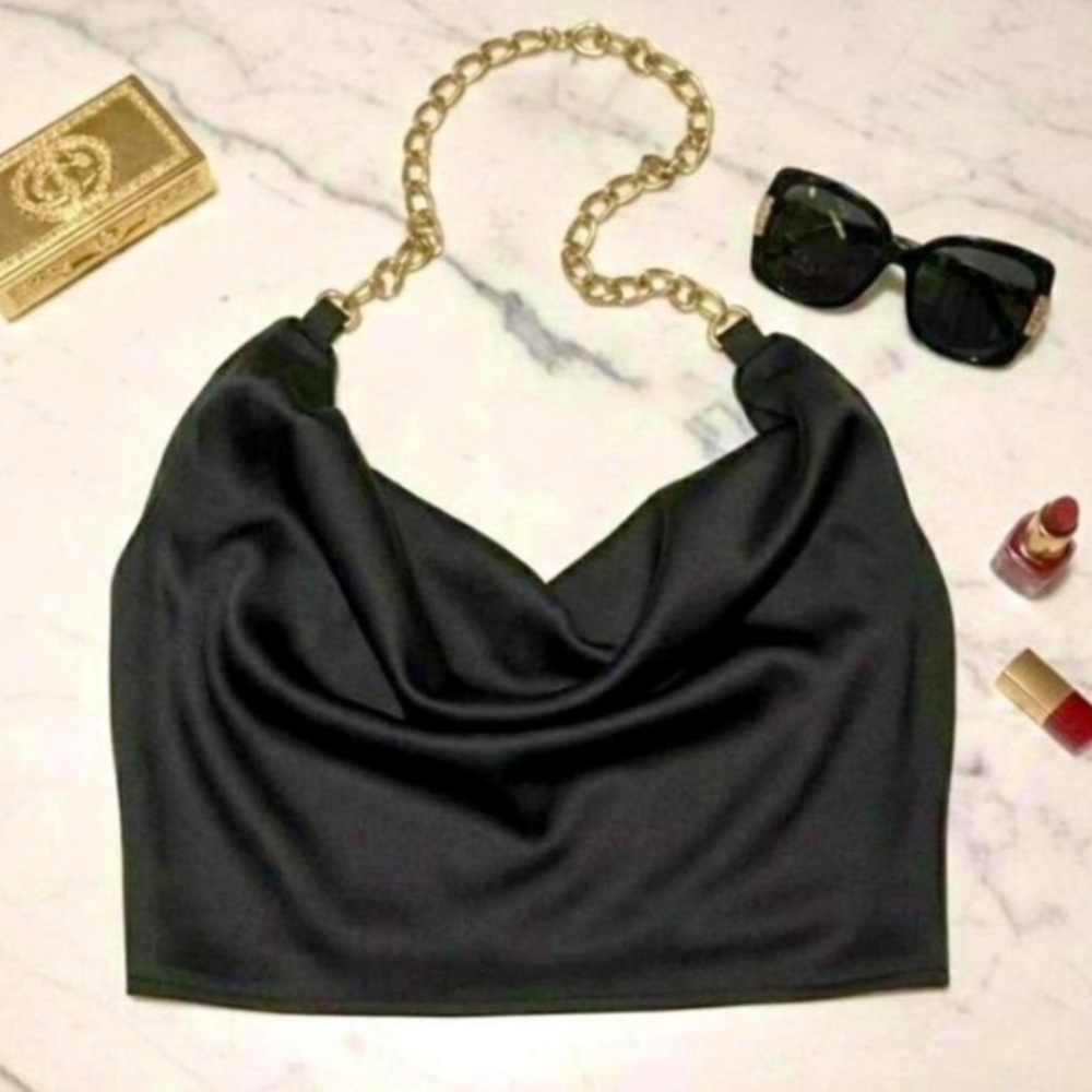 Almost famous Y2K Gold Chain Halter Open Back Tie Crop Top Sexy Sz S